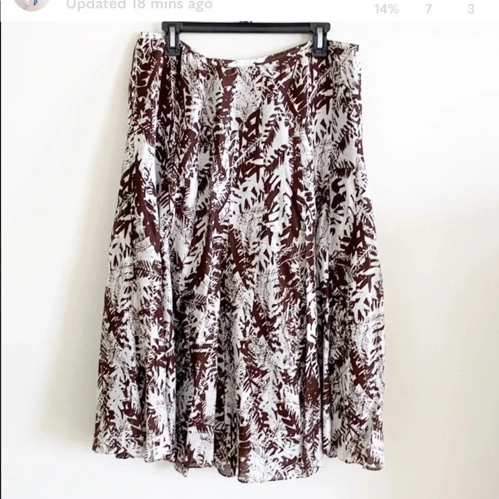 Jones New York plus size brown & white palm leaf Print linen and silk Midi Skirt